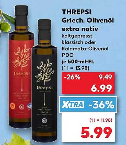 THREPSI Griech. Olivenöl extra nativ kaltgepresst, klassisch oder Kalamata-Olivenöl PDO je 500-ml-Fl.