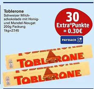 Toblerone Schweizer Milchschokolade mit Honig- und Mandel-Nougat 200g Packung 1kg=27,45