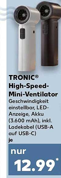 TRONIC® High-Speed-Mini-Ventilator Geschwindigkeit einstellbar, LED-Anzeige, Akku (3.600 mAh), inkl. Ladekabel (USB-A auf USB-C) je