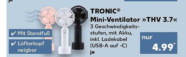 TRONIC® Mini-Ventilator »THV 3.7« 3 Geschwindigkeitsstufen, mit Akku, inkl. Ladekabel (USB-A auf -C)