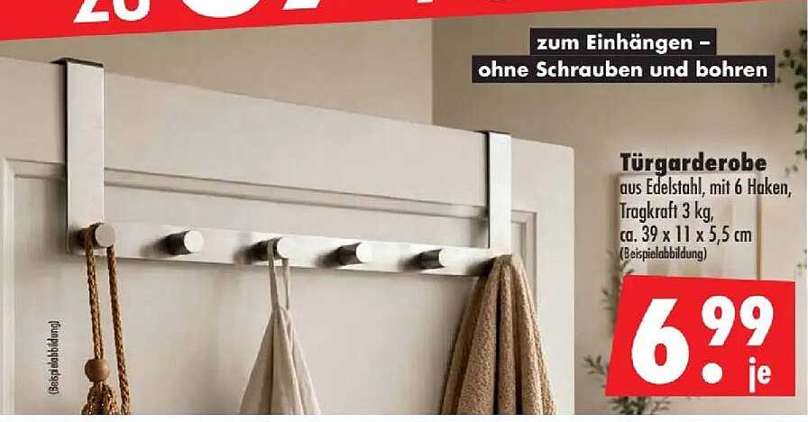 Türgarderobe aus Edelstahl, mit 6 Haken, Tragkraft 3 kg, ca. 39 x 11 x 5,5 cm (Beispielabbildung)