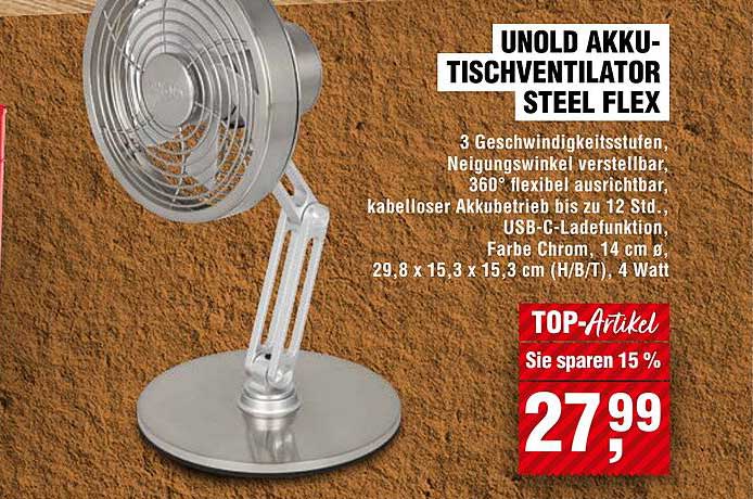 UNOLD AKKU-TISCHVENTILATOR STEEL FLEX