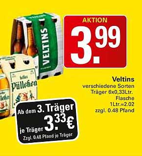 Veltins verschiedene Sorten Träger 6x0,33Ltr. Flasche 1Ltr.=2,02 zzgl. 0.48 Pfand