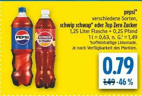 verschiedene Sorten, schwip schwap oder 7up Zero Zucker 1,25 Liter Flasche + 0,25 Pfand