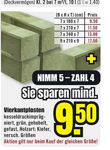 Vierkantholzpfosten kesseldruckimprägniert, grün, gehobelt, gefast, Holzart: Kiefer, versch. Größen