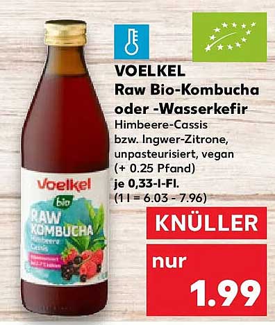 VOELKEL Raw Bio-Kombucha oder -Wasserkefir Himbeere-Cassis bzw. Ingwer-Zitrone, unpasteurisiert, vegan (+ 0.25 Pfand) je 0,33-l-Fl. (1 l=6.03-7.96)