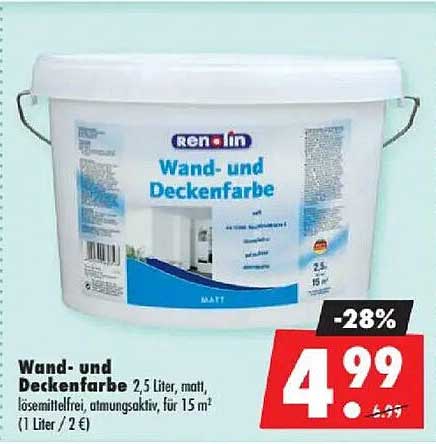 Wand- und Deckenfarbe 2,5 Liter, matt, lösemittelfrei, ultradeckend, für 15 m² (1 Liter / 2 €)