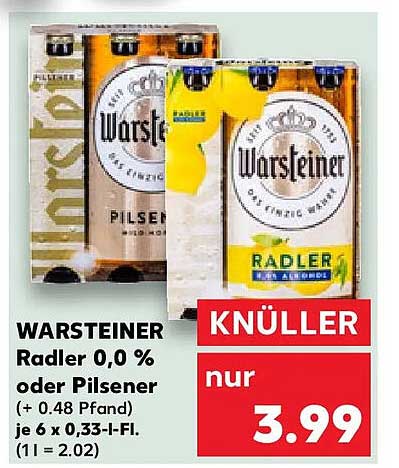 WARSTEINER Radler 0,0 % oder Pilsener (+ 0.48 Pfand) je 6 x 0,33-l-Fl. (1 l = 2.02)