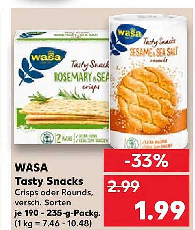 WASA Tasty Snacks Crips oder Rounds, versch. Sorten je 190 - 235-g-Packg. (1 kg = 7.46 - 10.48)