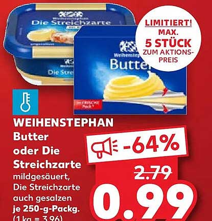 WEIHENSTEPHAN Butter oder Die Streichzarte mildgesäuert, Die Streichzarte auch gesalzen je 250-g-Packg. (1 kg = 3,96)