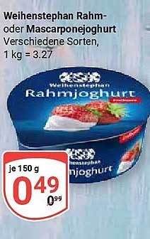 Weihenstephan Rahm- oder Mascarponejoghurt Verschiedene Sorten, 1 kg = 3.27