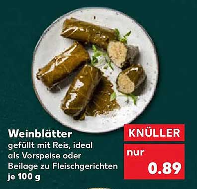 Weinblätter gefüllt mit Reis, ideal als Vorspeise oder Beilage zu Fleischgerichten je 100 g