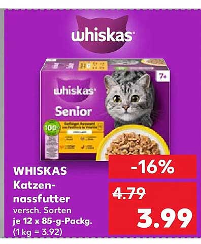 WHISKAS Katzen-nassfutter versch. Sorten je 12 x 85-g-Packg. (1 kg = 3.92)