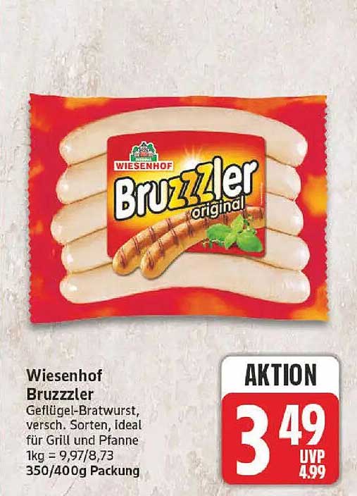 Wiesenhof Bruzzzler Geflügel-Bratwurst, versch. Sorten, ideal für Grill und Pfanne 1kg = 9,97/8,73 350/400g Packung