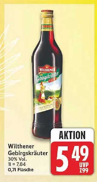 Wilthener Gebirgskräuter 30% Vol. 1 l = 7,84 0,7l Flasche