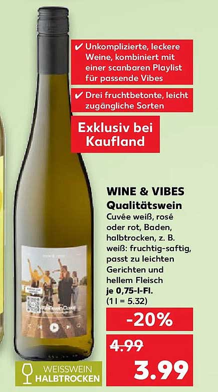 WINE & VIBES Qualitätswein Cuvée weiß, rosé oder rot, Baden, halbtrocken, z. B. weiß: fruchtig-saftig, passt zu leichten Gerichten und hellem Fleisch je 0,75-l-Fl. (1 l = 5.32)