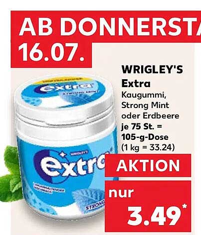 WRIGLEY'S Extra Kaugummi, Strong Mint oder Erdbeere je 75 St. = 105-g-Dose (1 kg = 33.24)