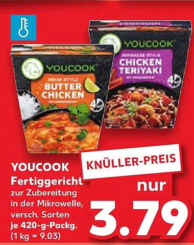 YOUCOOK Fertiggericht zur Zubereitung in der Mikrowelle, versch. Sorten je 420-g-Packg. (1 kg = 9.03)