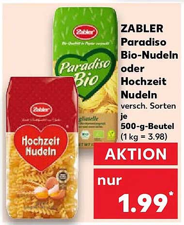 ZABLER Paradiso Bio-Nudeln oder Hochzeit Nudeln versch. Sorten je 500-g-Beutel (1 kg = 3.98) AKTION nur 1.99*