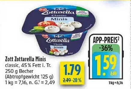 Zott Zottarella Minis classic, 45% Fett i. Tr. 250 g Becher (Abtropfgewicht 125 g)