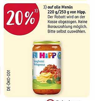 20% Rabatt auf alle Menüs 220 g/250 g von Hipp