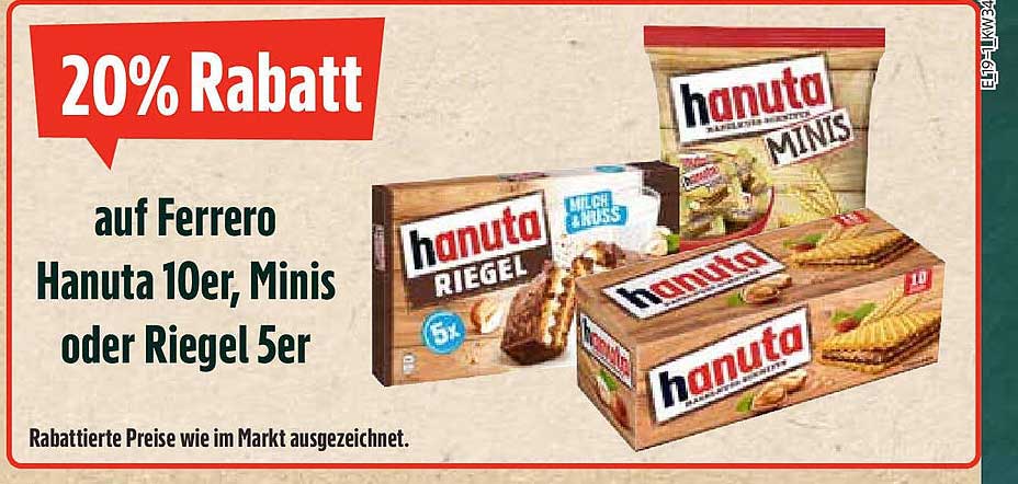 20% Rabatt auf Ferrero Hanuta 10er, Minis oder Riegel 5er
