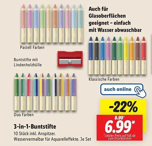 3-in-1-Buntstifte (10 Stück inkl. Anspitzer)
