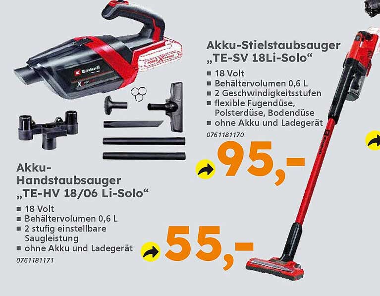 Akku-Stielsauger „TE-SV 18Li-Solo“ und Akku-Handstaubsauger „TE-HV 18/06 Li-Solo“