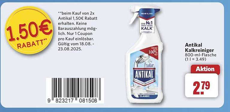 Antikal Kalkreiniger 800-ml-Flasche für nur 2,79 €!