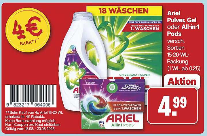 Ariel Pulver, Gel oder All-in-1 Pods 15-20 WL für nur 4,99 €