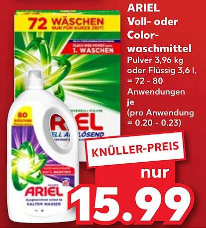 ARIEL Voll- oder Colorwaschmittel 3,96 kg oder 3,6 l - 72 Wäschen zum Knüller-Preis!