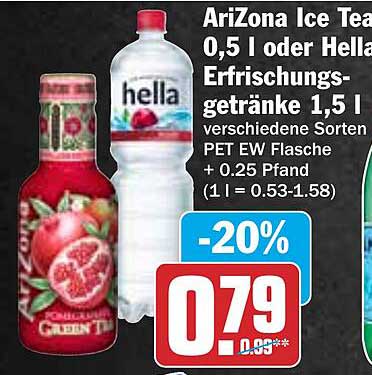 AriZona Ice Tea 0,5 l oder Hella Erfrischungsgetränke 1,5 l
