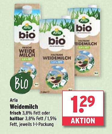 Arla Weidemilch frisch 3,8% Fett oder haltbar 3,8% Fett / 1,5% Fett, jeweils 1-l-Packung
