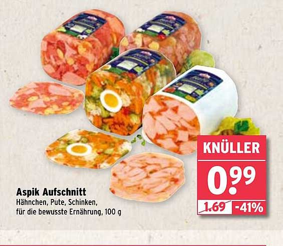 Aspik Aufschnitt Hähnchen, Pute, Schinken, für die bewusste Ernährung, 100 g