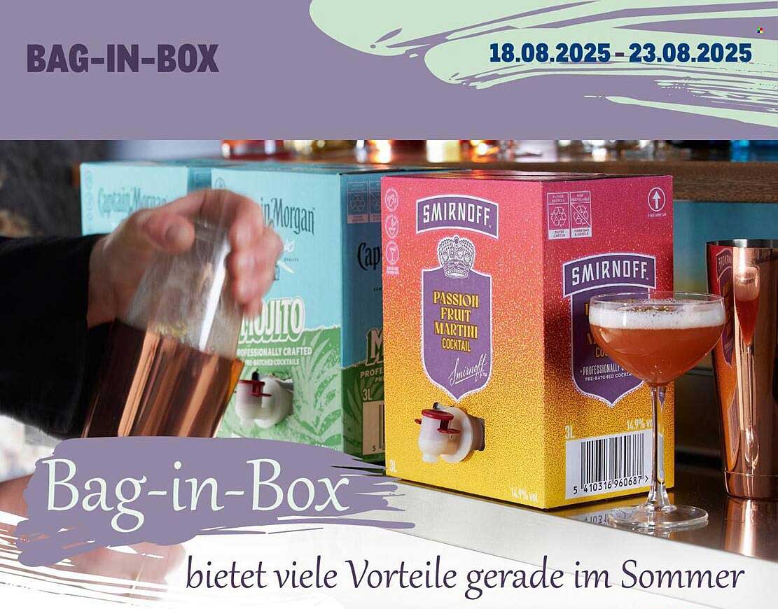Bag-in-Box Cocktails von Smirnoff und Captain Morgan