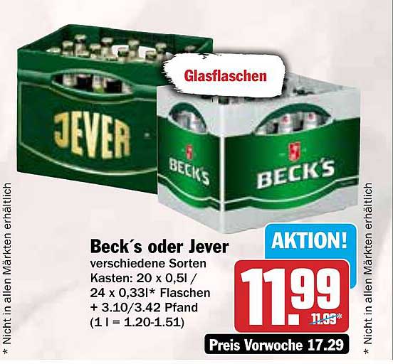 Beck's oder Jever - Kasten 20 x 0,5l / 24 x 0,33l Flaschen