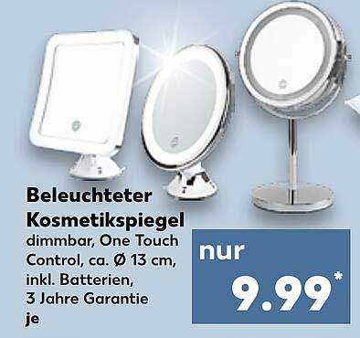 Beleuchteter Kosmetikspiegel dimmbar, One Touch Control, ca. Ø 13 cm, inkl. Batterien, 3 Jahre Garantie je