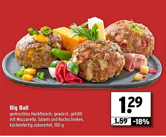 Big Ball - gemischtes Hackfleisch, gewürzt, gefüllt mit Mozzarella, Salami und Kochschinken, küchenfertig zubereitet, 100 g