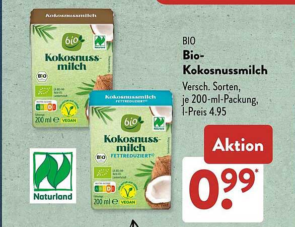 BIO Bio-Kokosnussmilch, 200-ml-Packung - nur 0,99 €