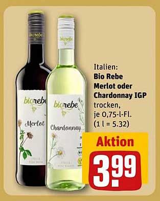 Bio Rebe Merlot oder Chardonnay IGP trocken, je 0,75-l-Fl.
