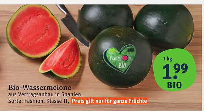 Bio-Wassermelone aus Vertragsanbau in Spanien, Sorte: Fashion, Klasse II