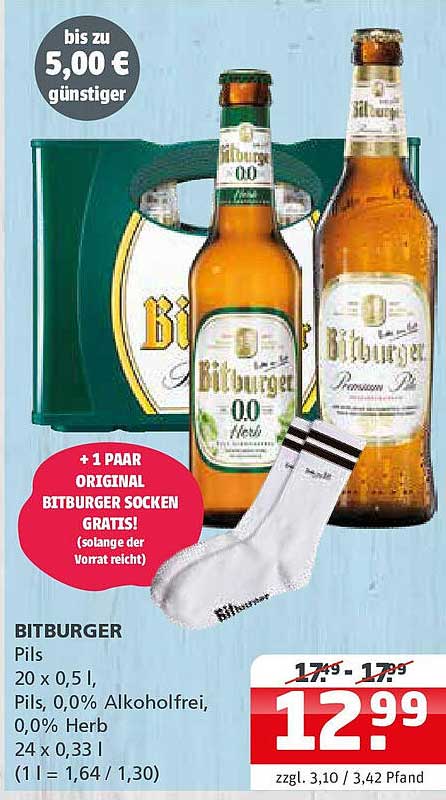 BITBURGER Pils 20 x 0,5 l + 1 Paar originale Bitburger Socken gratis!