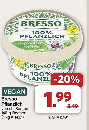 Bresso Pflanzlich auf Mandel-Basis 140-g-Becher, verschiedene Sorten