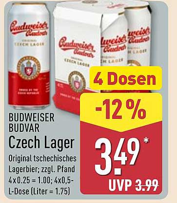 BUDWEISER BUDVAR Czech Lager - 4 Dosen für 3,49 €