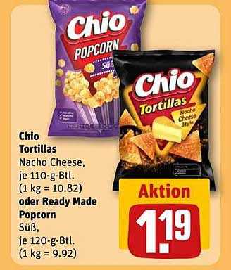 Chio Tortillas Nacho Cheese oder Ready Made Popcorn Süß