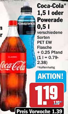Coca-Cola 1,5 l oder Powerade 0,5 l verschiedene Sorten PET EW Flasche