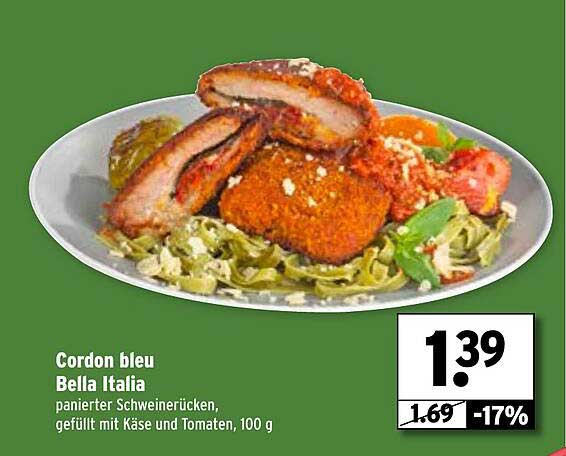 Cordon bleu Bella Italia, panierter Schweinerücken, gefüllt mit Käse und Tomaten, 100 g