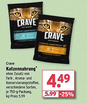 Crave Katzennahrung ohne Zusatz von Farb-, Aroma- und Konservierungsstoffen, verschiedene Sorten, je 750-g-Packung