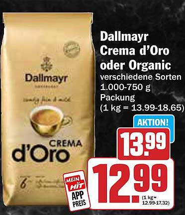 Dallmayr Crema d’Oro oder Organic verschiedene Sorten 1.000-750 g Packung