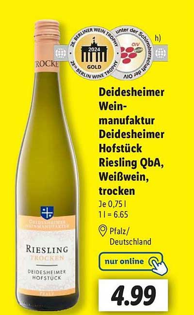 Deidesheimer Weinmanufaktur Deidesheimer Hofstück Riesling QbA, Weißwein, trocken